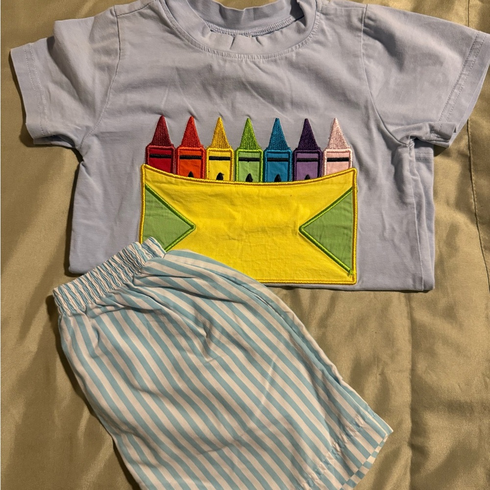 Colorful Crayon T-Shirt and Striped Shorts Set